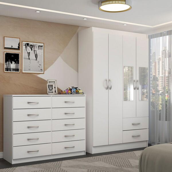 Guarda-roupa Solteiro Hazel 4 Portas 2 Gavetas E Espelho Com