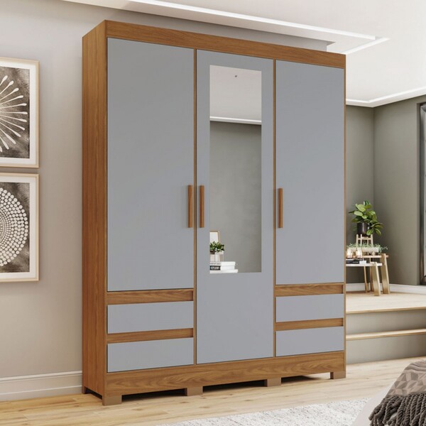 Guarda-roupa Solteiro Lema 3 Portas 4 Gavetas Com Espelho Nat
