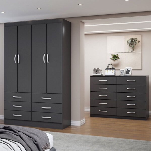 Guarda-roupa Solteiro Leo 4 Portas 6 Gavetas Com Cômoda 10 Ga