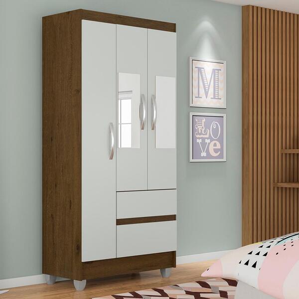 Guarda Roupa Solteiro Lohaine 3 Pts C/ Espelho Cedro/ Off Whi