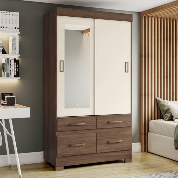 Guarda-roupa Solteiro Marel 2 Portas 4 Gavetas Com Espelho Fl