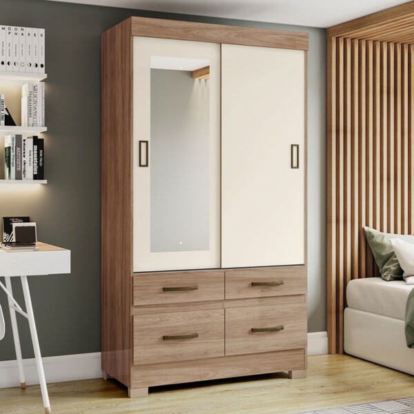 Guarda-roupa Solteiro Marel 2 Portas 4 Gavetas Com Espelho Fl