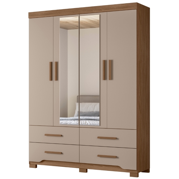 Guarda Roupa Solteiro Miami Com Espelho 4 Portas Carvalho Fen