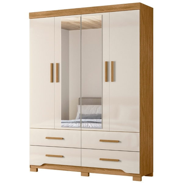 Guarda Roupa Solteiro Miami Com Espelho 4 Portas Freijó Off W