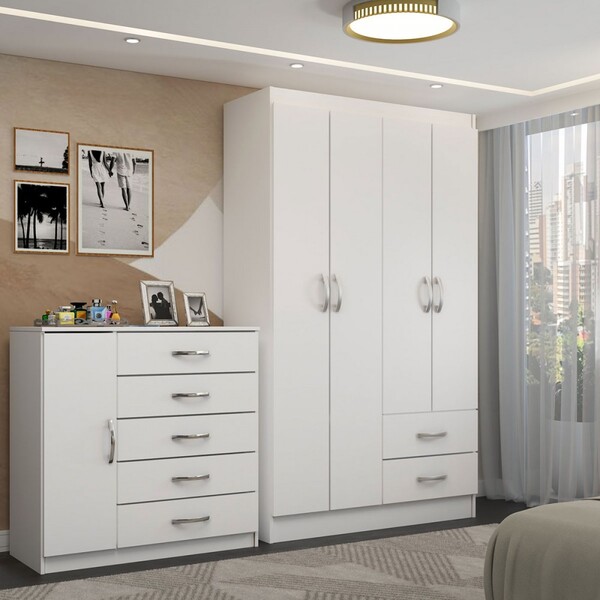 Guarda-roupa Solteiro Natalie 4 Portas 2 Gavetas Com Cômoda 1