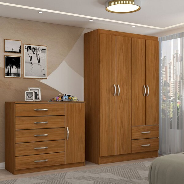 Guarda-roupa Solteiro Natalie 4 Portas 2 Gavetas Com Cômoda 1