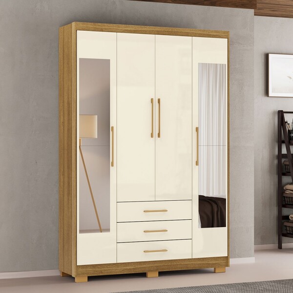 Guarda-roupa Solteiro Reus 4 Portas 3 Gavetas Com Espelho Nat