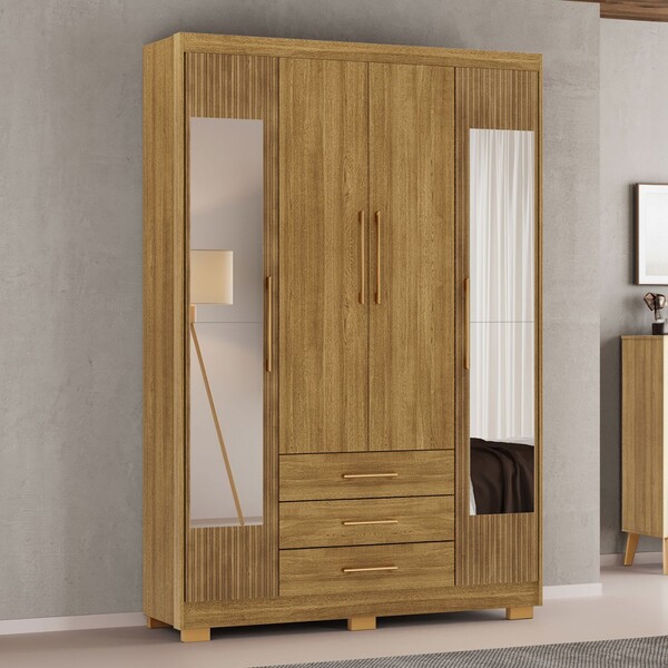 Guarda-roupa Solteiro Reus 4 Portas 3 Gavetas Com Espelho Nat