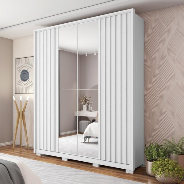 Guarda Roupa Solteiro Ripado Com Espelho 4 Portas 3 Gavetas E