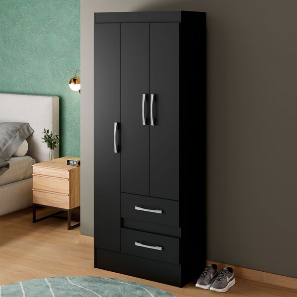 Guarda-roupa Solteiro Sartori 3 Portas 2 Gavetas  Preto - Pnr