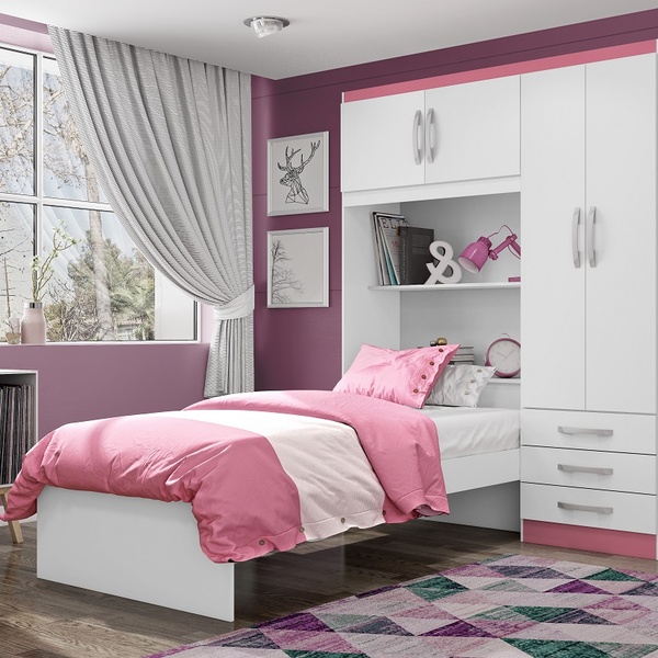 Guarda-roupa Solteiro Sem Espelho 4 Portas De Abrir Com Cama