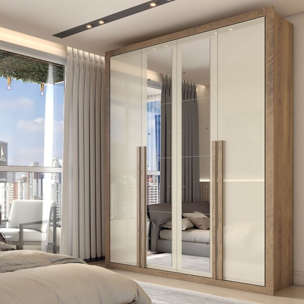 Guarda-roupa Solteiro Severo 4 Portas Com Espelho Ipê/off Whi