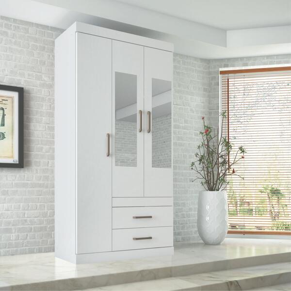 Guarda Roupas 3 Portas 2 Gavetas Com Espelho Arthur Branco