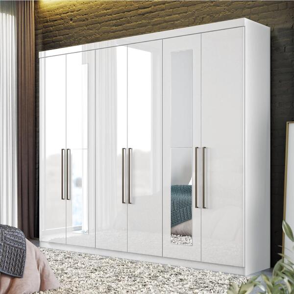 Guarda Roupas Casal 6 Portas Com Espelho Mari Branco
