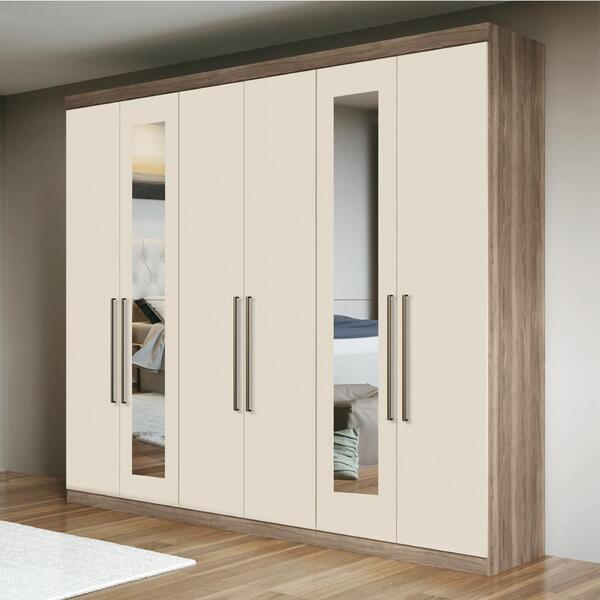 Guarda Roupas Casal 6 Portas Com Espelho Mari Castanha Off Wh