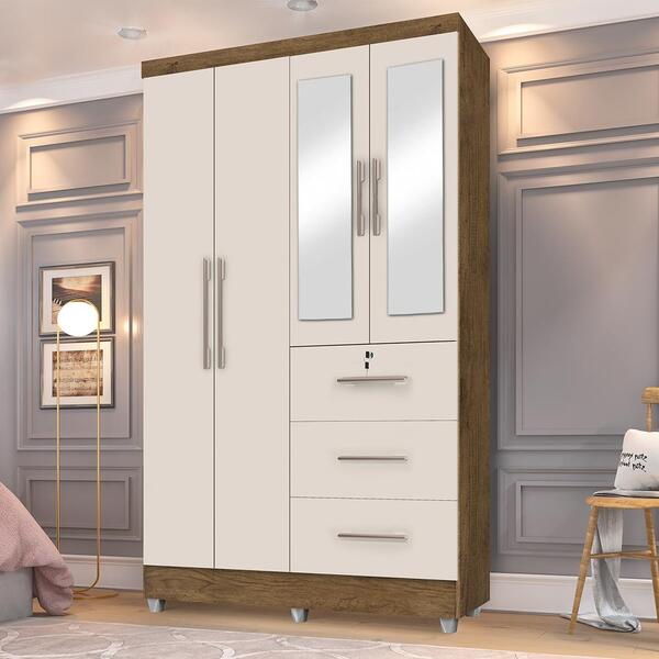 Guarda Roupas Solteiro Com Espelho 4 Portas 3 Gavetas Com Pés
