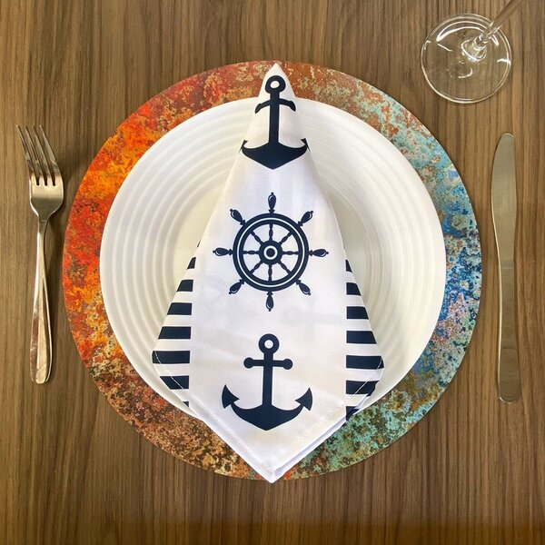 Guardanapo Tecido Oxford Náutico Timão E Âncora 45x45cm