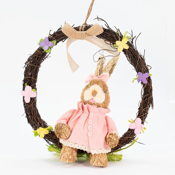Guirlanda Coelha De Páscoa Em Palha Decoração Enfeite 28cm