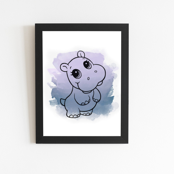 Hipopótamo Desenho Aquarela Quadro Moldura Preta 60x40cm