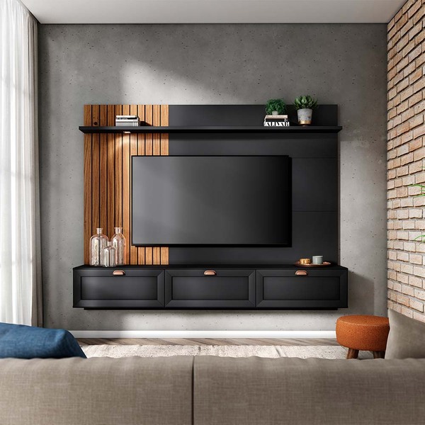 Home Painel Suspenso 200cm Ripado Caraíva Led Preto/noce G73