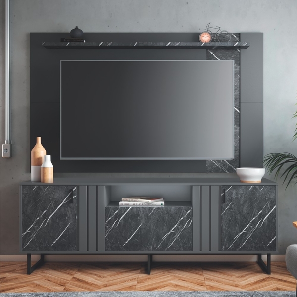 Home Para Tv Com Portas Efeito Marmorizado Preto Grigio