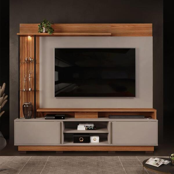 Home Para Tv Vance Com Frisos E Led Carvalho Amarula