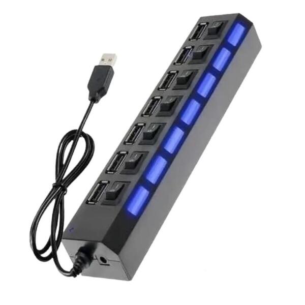 Hub 7 Portas Usb 2.0 Led Indicador Entrada Para Fonte - Preto