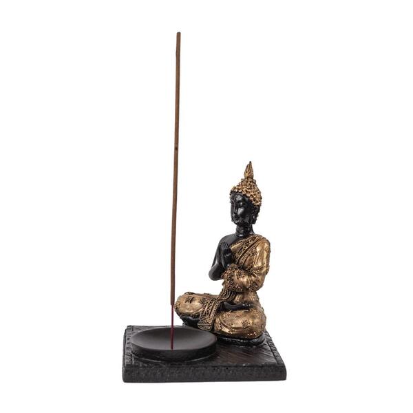 Incensário E Porta Vela De Resina Buda Preto E Dourado