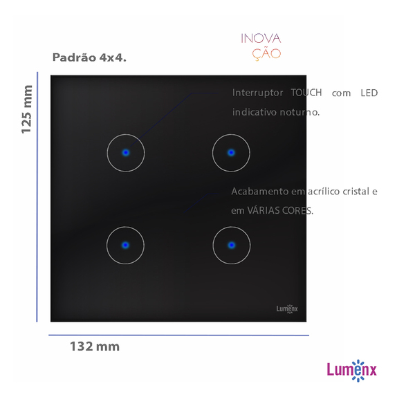 Interruptor De Luz Touch Tok Glass 4 Botões Preto Lumenx
