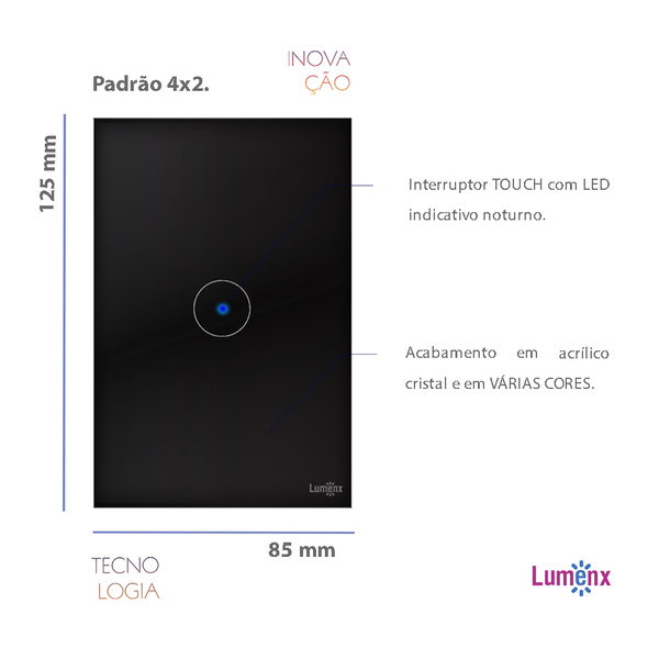 Interruptor Pulsador De Campainha Tok Glass Preto Lumenx