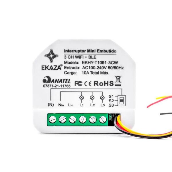 Interruptor Relé Mini Embutido Ekaza Wi-fi Ble 3 Canais 10a