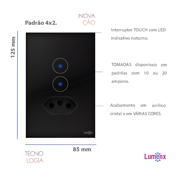 Interruptor Touch Tok Glass 2 Botões Com Tomadda Preto