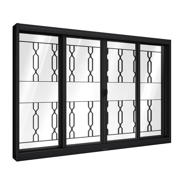 Janela de Correr 4 Folhas Aço Pintado Preto Aço Pronto Grade Elo com Vidro 100x120cm Riobras