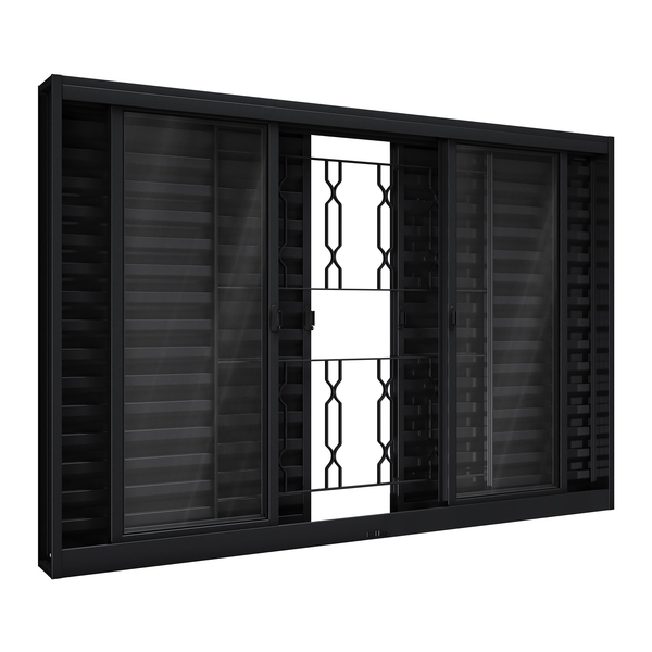 Janela de Correr 6 Folhas Aço Pintado Preto Aço Pronto Grade Elo com Vidro 100x200cm Riobras