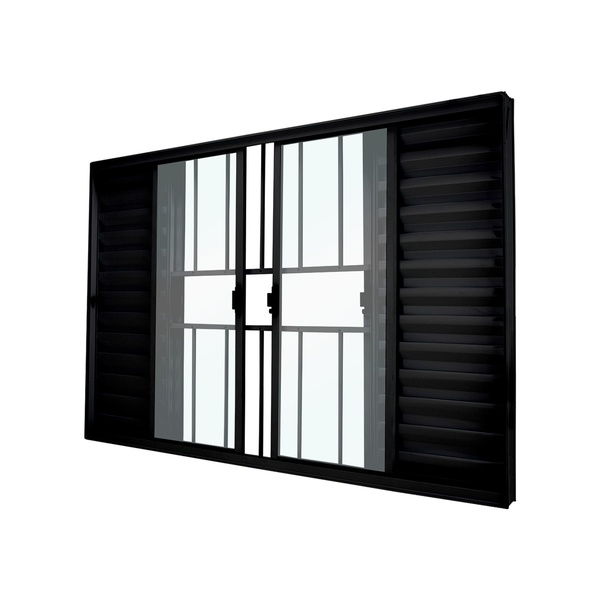 Janela Veneziana 6 Folhas Alumínio Pintado Preto Classic Grade Vertical com Vidro Transparente 100x200cm CRV