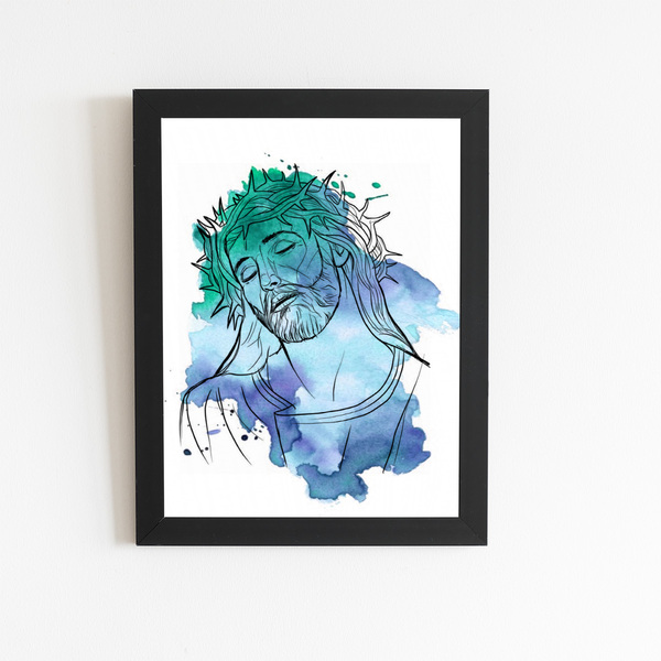 Jesus Cristo Aquarela Azul Quadro Moldura Preta 60x40cm