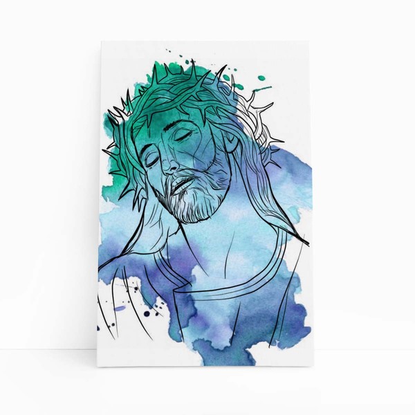 Jesus Cristo Arte Aquarela Azul Verde Quadro Canvas 120x80cm