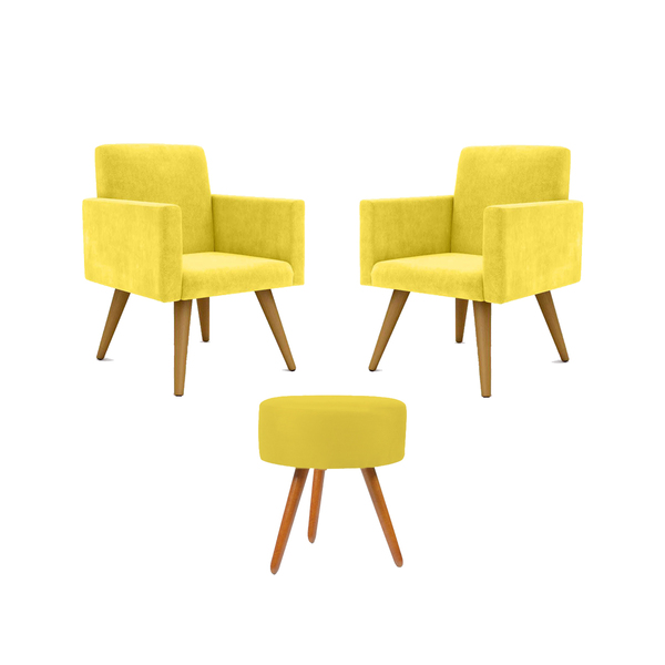 Jogo 02 Poltronas Decorativas + Puff Redondo Oferta Amarelo