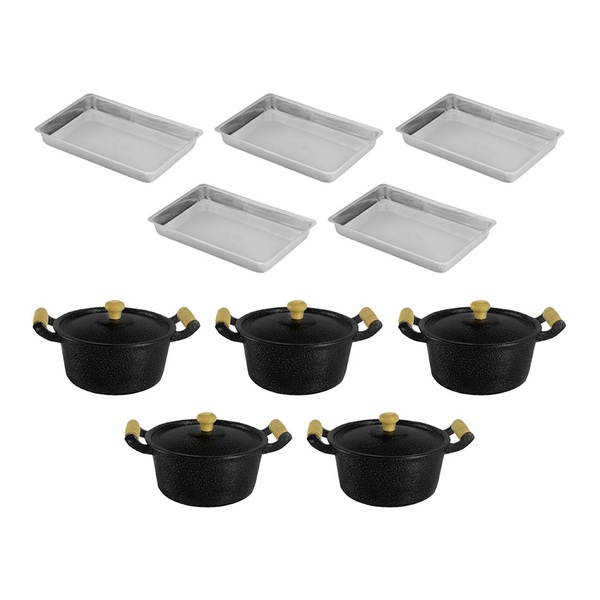 Jogo 05 Caçarola Alça Madeira Reta Craqueada E 05 Assadeiras