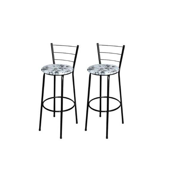 Jogo 2 Banqueta Alta Para Cozinha Epoxi Preta Estofado Floral