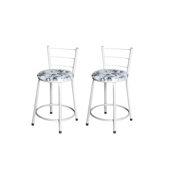 Jogo 2 Banqueta Baixa Para Cozinha Epoxi Branca Estofado Flor