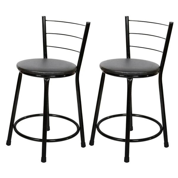 Jogo 2 Banqueta Baixa Para Cozinha Preta Assento Marrom