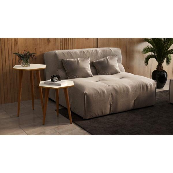 Jogo 2 Mesas Lateral E Apoio Off White Com Freijó