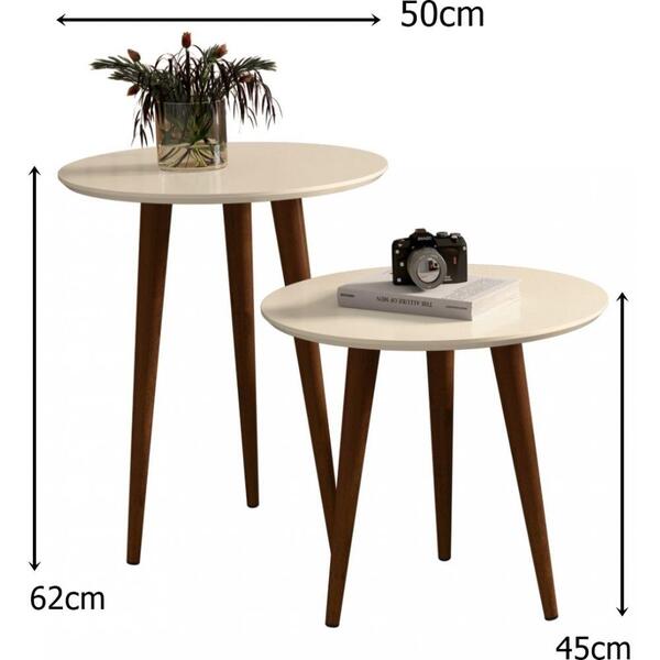 Jogo 2 Mesas Lateral E Apoio Redonda Brilho Retrô Off White