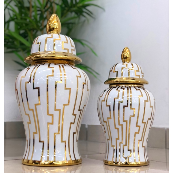 Jogo 2 Vasos Decorativo Porcelana Branco Dourado 37x17 50x24