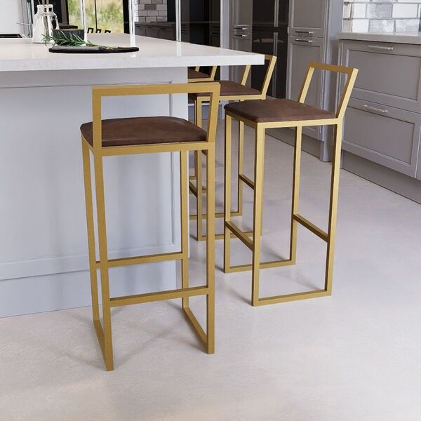 Jogo 3 Banqueta Alta Balcão Bistrô Dourada Confort Industrial