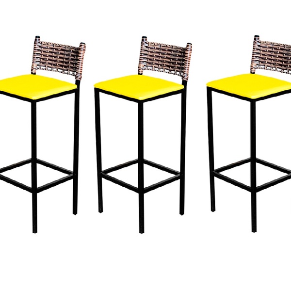 Jogo 3 Banqueta Alta Cozinha Balcão Ratan Industrial Assento