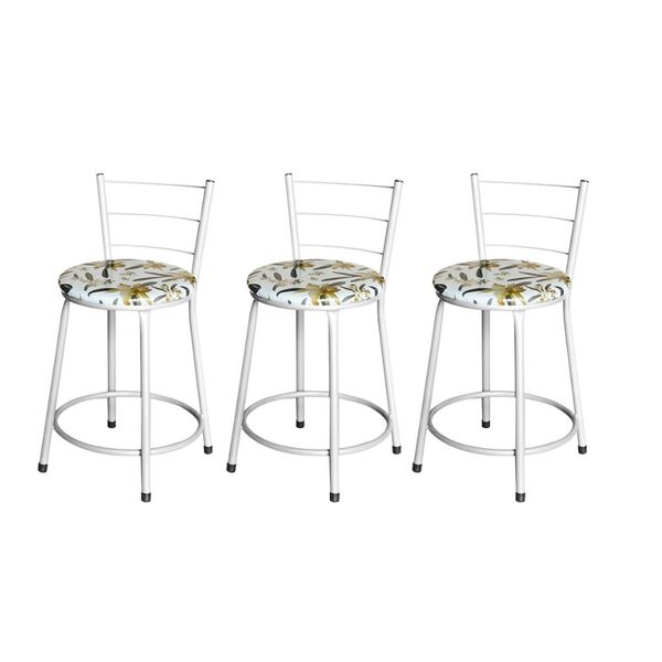 Jogo 3 Banqueta Baixa Para Cozinha Epoxi Branca Estofado Flor