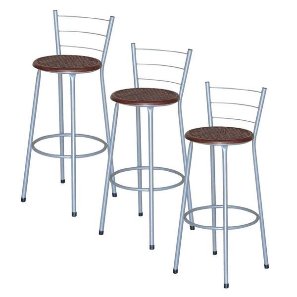 Jogo 3 Banquetas Altas Ratan Cinza Retro Marrom