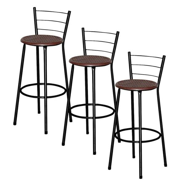 Jogo 3 Banquetas Altas Ratan Preta Retro Marrom